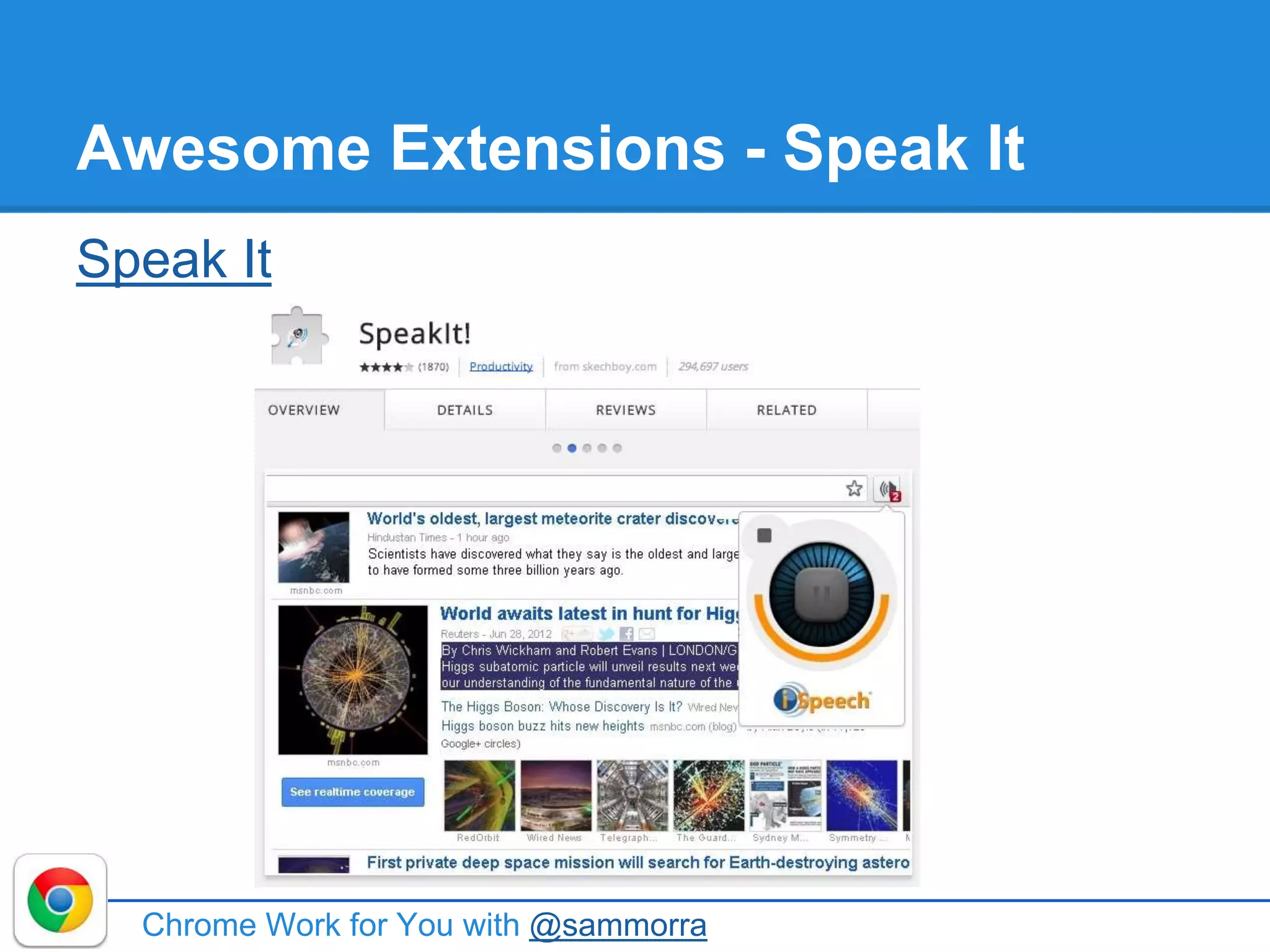 Awesome Extensions - Speak It
Speak It
Chrome Work for You with @sammorra
 