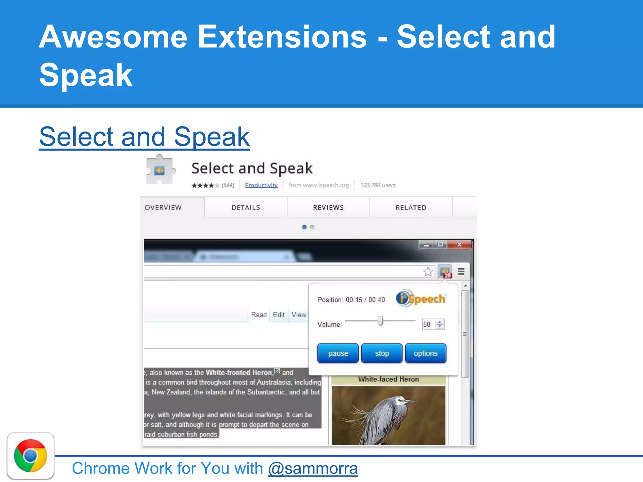 Awesome Extensions - Select and
Speak
Select and Speak
Chrome Work for You with @sammorra
 