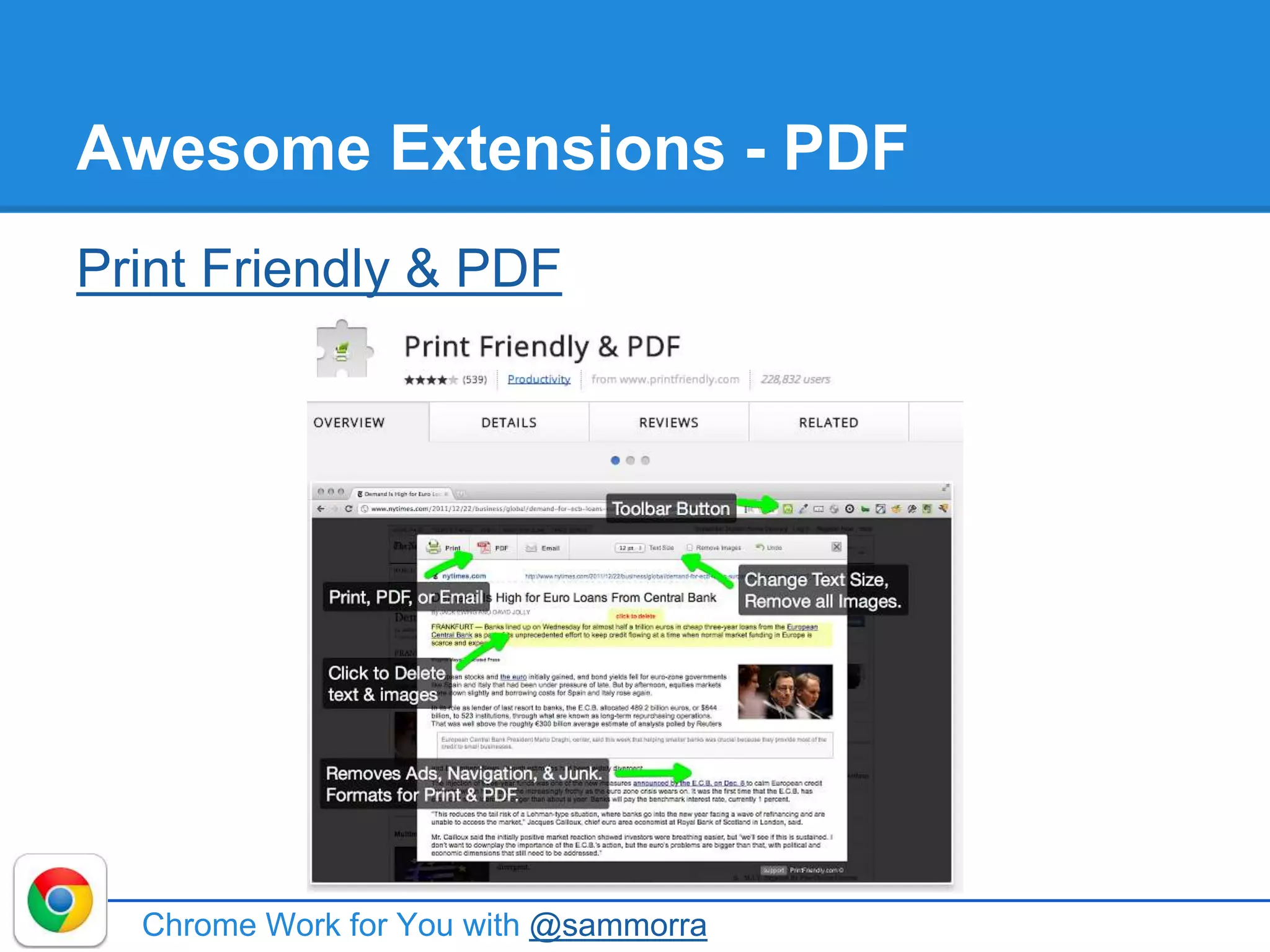 Awesome Extensions - PDF
Print Friendly & PDF
Chrome Work for You with @sammorra
 