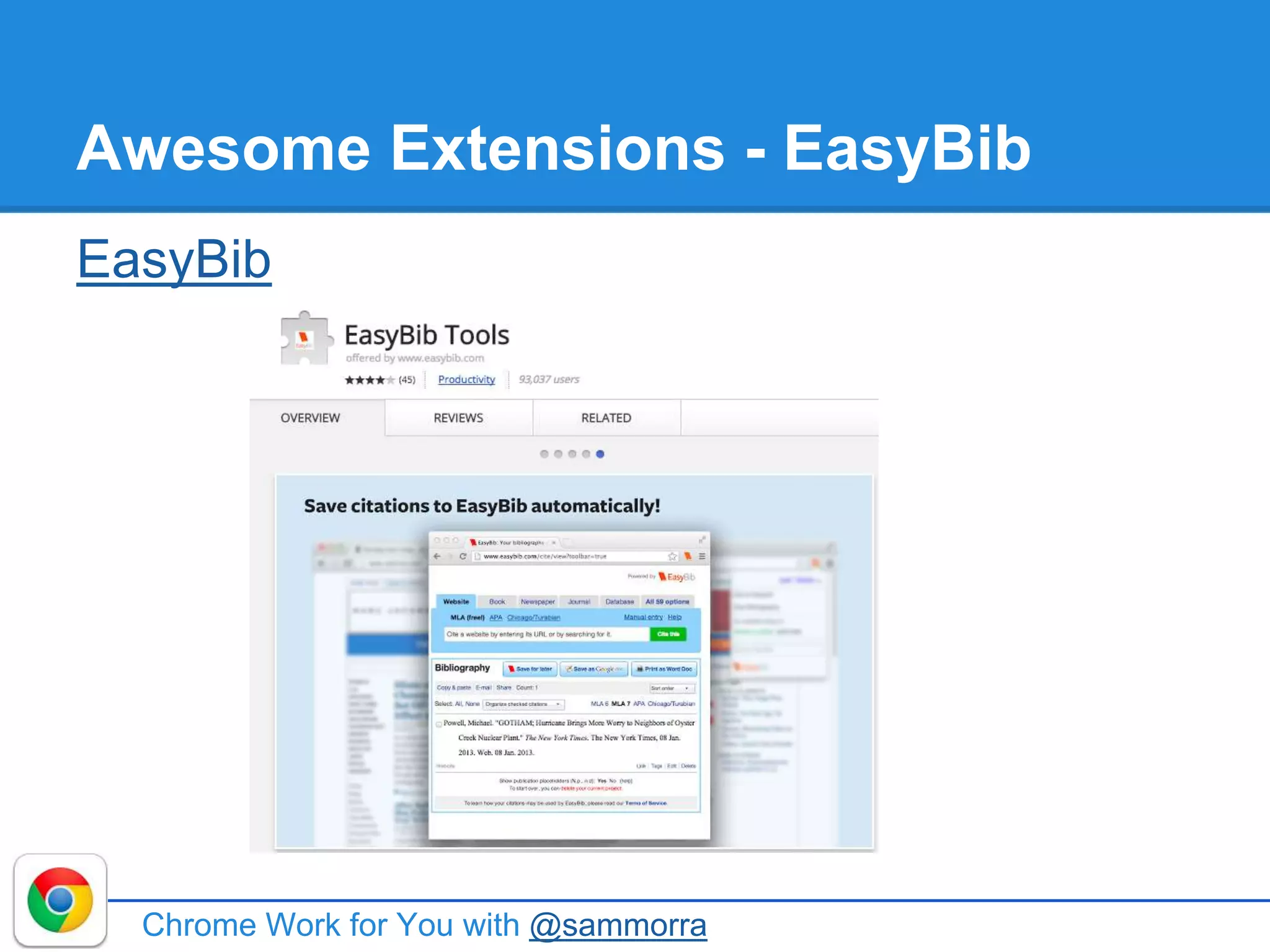 Awesome Extensions - EasyBib
EasyBib
Chrome Work for You with @sammorra
 