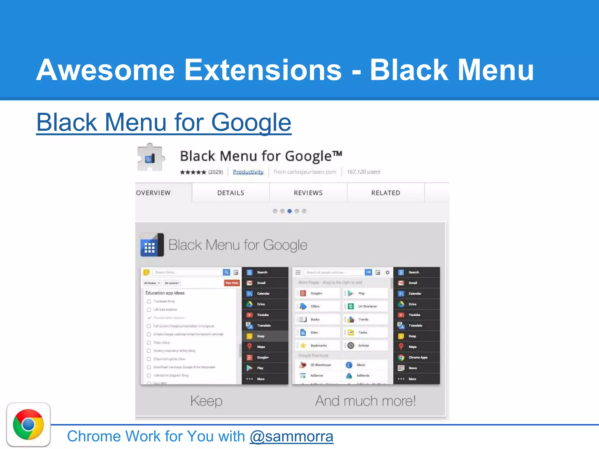 Awesome Extensions - Black Menu
Black Menu for Google
Chrome Work for You with @sammorra
 