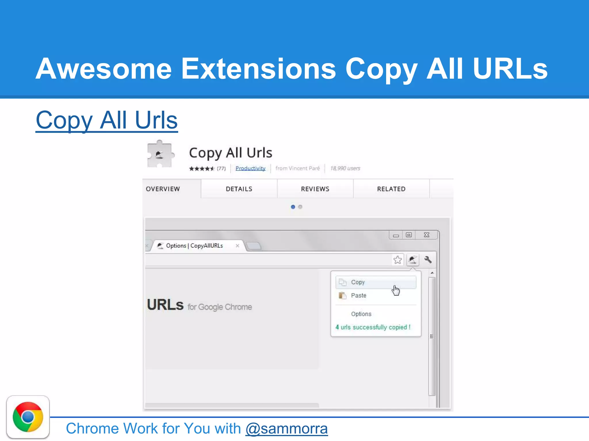 Awesome Extensions Copy All URLs
Copy All Urls
Chrome Work for You with @sammorra
 
