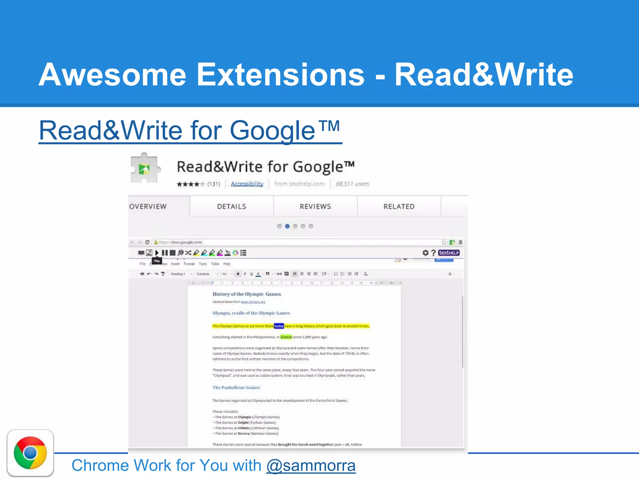 Awesome Extensions - Read&Write
Read&Write for Google™
Chrome Work for You with @sammorra
 