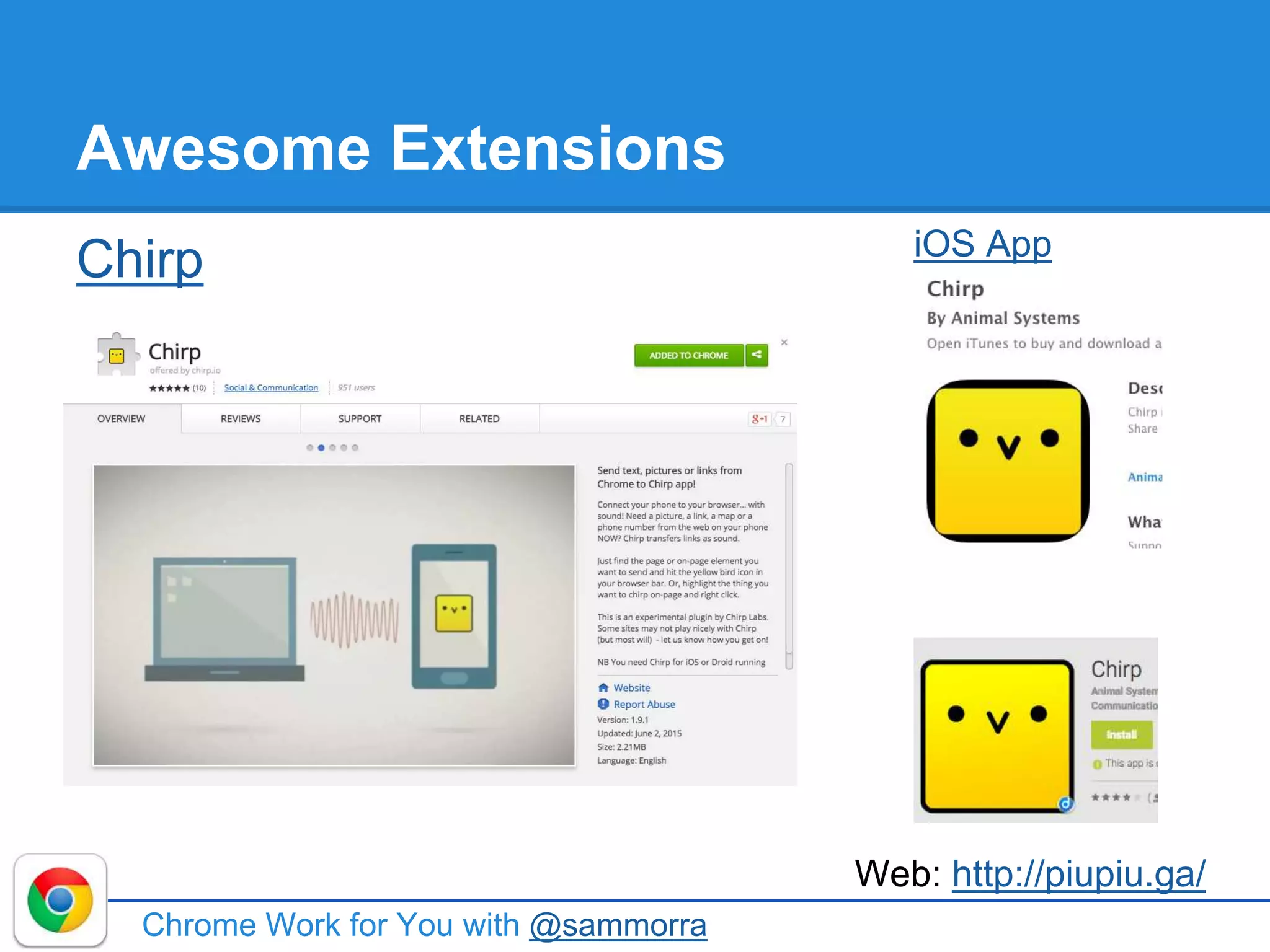 Chrome Work for You with @sammorra
Awesome Extensions
Chirp iOS App
Web: http://piupiu.ga/
 