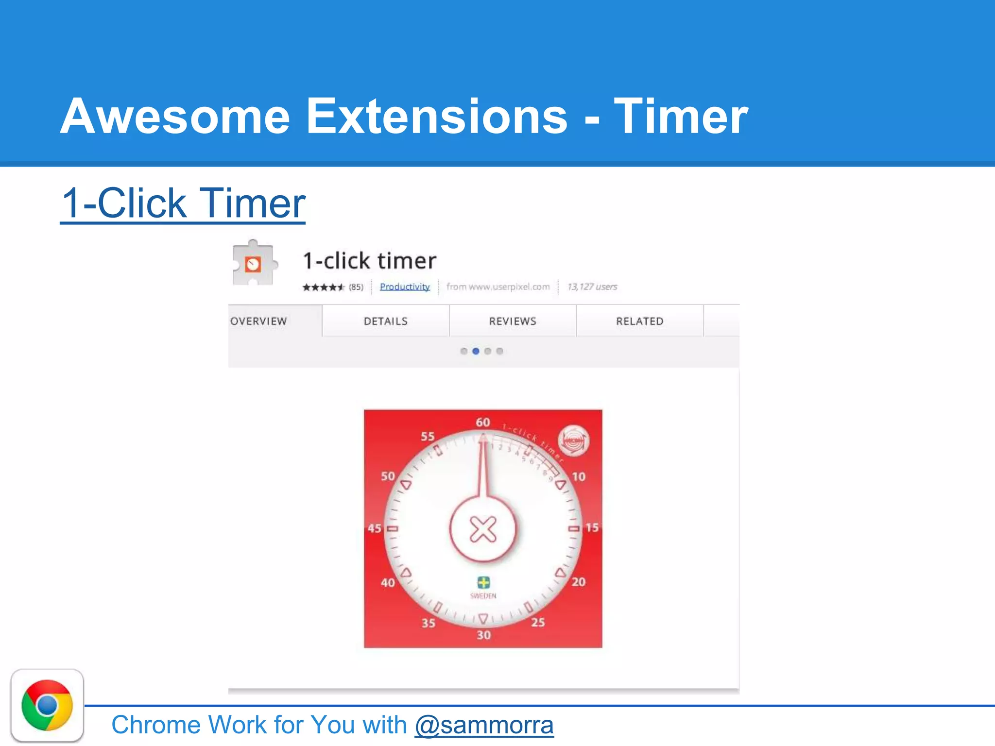 Awesome Extensions - Timer
1-Click Timer
Chrome Work for You with @sammorra
 