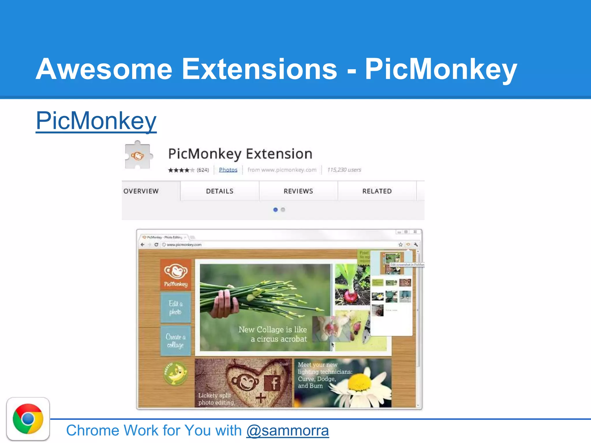 Awesome Extensions - PicMonkey
PicMonkey
Chrome Work for You with @sammorra
 
