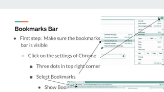 Bookmarks Bar
● First step: Make sure the bookmarks
bar is visible
○ Click on the settings of Chrome
■ Three dots in top right corner
■ Select Bookmarks
● Show Bookmarks Bar
 