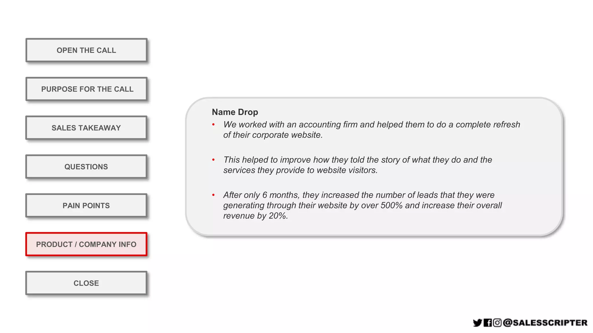 OPEN THE CALL
PURPOSE FOR THE CALL
QUESTIONS
PRODUCT / COMPANY INFO
CLOSE
SALES TAKEAWAY
PAIN POINTS
Name Drop
• We worked with an accounting firm and helped them to do a complete refresh
of their corporate website.
• This helped to improve how they told the story of what they do and the
services they provide to website visitors.
• After only 6 months, they increased the number of leads that they were
generating through their website by over 500% and increase their overall
revenue by 20%.
 