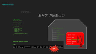 bin
boot
nginx-root
etc
lib
proc
usr
var
/ (root filesystem)
bin
escape_root
home
lib
/ (Fake root)
Angry Hacker
chroot ???
???? 
??? ?????
## ????
 