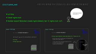 # cd /tmp
# mkdir nginx-root
# docker export $(docker create nginx:latest) | tar -C nginx-root -xvf -
(??1) pivot_root ?? ?? ??? ?? ?????. ?? 1?? ??? ???
1?
??
??
1?
??
??
??? ?? ????
??? ???
 