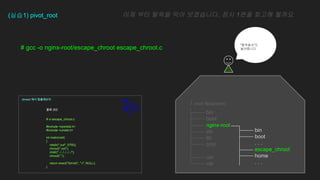 # gcc -o nginx-root/escape_chroot escape_chroot.c
(??1) pivot_root ?? ?? ??? ?? ?????. ?? 1?? ??? ???
1?
??
??
?????
?????
bin
boot
nginx-root
etc
lib
proc
usr
var
/ (root filesystem)
bin
boot
. . .
escape_chroot
home
. . .
 