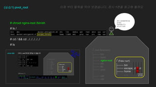 # chroot nginx-root /bin/sh
# ls /
# cd / && cd ../../../../../
# ls
(??1) pivot_root ?? ?? ??? ?? ?????. ?? 1?? ??? ???
?? ??? ???
???
?????
??????
bin
escape_chroot
home
. . .
/ (Fake root)
bin
boot
nginx-root
etc
lib
proc
usr
var
/ (root filesystem)
Hacker
In Jail
1?
??
??
 