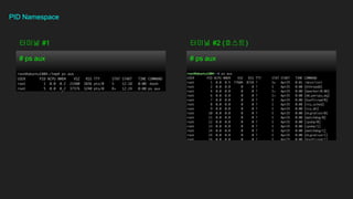 PID Namespace
# ps aux
??? #1
# ps aux
??? #2 (???)
 