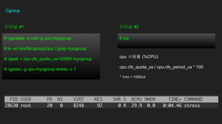Cgroup
# cgcreate -a root -g cpu:mycgroup
# ls -al /sys/fs/cgroup/cpu/ | grep mycgroup
# cgset -r cpu.cfs_quota_us=30000 mycgroup
# cgexec -g cpu:mycgroup stress -c 1
??? #1
# top
??? #2
cpu ??? (%CPU)
cpu.cfs_quota_us / cpu.cfs_period_us * 100
* 1ms = 1000us
 