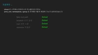 ???? ...
fake root path
isolation ?? ??
root ?? ??
resource ???
Solved
Solved
Solved
Solved
chroot ? ???? ????? ??? ?????
pivot_root, namespaces, cgroup ? ??? ??? ??? ??? ???????
 