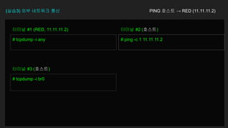 (실습3) 외부 네트워크 통신
# tcpdump -i any
터미널 #1 (RED, 11.11.11.2)
# ping -c 1 11.11.11.2
터미널 #2 (호스트)
# tcpdump -i br0
터미널 #3 (호스트)
PING 호스트 → RED (11.11.11.2)
 