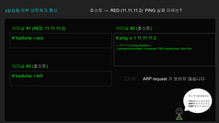 (실습3) 외부 네트워크 통신
# tcpdump -i any
터미널 #1 (RED, 11.11.11.2)
# ping -c 1 11.11.11.2
--- 11.11.11.2 ping statistics ---
1 packets transmitted, 0 received, 100% packet loss, time 0ms
터미널 #2 (호스트)
# tcpdump -i br0
터미널 #3 (호스트)
그런데 … ARP request 가 보이지 않습니다
잠시 복기를 해볼까요
PING을 주고 받으려면
ARP를 먼저 주고 받고
ICMP 를 주고 받습니다
호스트 → RED (11.11.11.2) PING 실패 이유는?
 