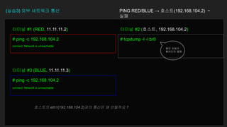 (실습3) 외부 네트워크 통신 PING RED/BLUE → 호스트(192.168.104.2) ~
실패
# ping -c 192.168.104.2
connect: Network is unreachable
터미널 #1 (RED, 11.11.11.2)
# tcpdump -l -i br0
터미널 #2 (호스트, 192.168.104.2)
# ping -c 192.168.104.2
connect: Network is unreachable
터미널 #3 (BLUE, 11.11.11.3)
패킷 자체가
들어오지 않음
호스트의 eth1(192.168.104.2)과의 통신은 왜 안될까요 ?
 
