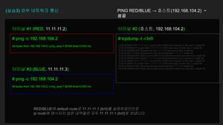 (실습3) 외부 네트워크 통신
# ping -c 192.168.104.2
64 bytes from 192.168.104.2: icmp_seq=1 ttl=64 time=0.043 ms
터미널 #1 (RED, 11.11.11.2)
# tcpdump -l -i br0
10:52:35.688473 IP 11.11.11.2 > ubuntu1804: ICMP echo request, id 439, seq 1, length 64
10:52:35.688502 IP ubuntu1804 > 11.11.11.2: ICMP echo reply, id 439, seq 1, length 64
10:52:40.850680 ARP, Request who-has 11.11.11.2 tell ubuntu1804, length 28
10:52:40.850710 ARP, Request who-has ubuntu1804 tell 11.11.11.2, length 28
10:52:40.850925 ARP, Reply ubuntu1804 is-at de:d9:26:dc:ab:b5 (oui Unknown), length 28
10:52:40.850916 ARP, Reply 11.11.11.2 is-at 46:e6:04:4d:64:32 (oui Unknown), length 28
10:52:41.880481 IP 11.11.11.3 > ubuntu1804: ICMP echo request, id 440, seq 1, length 64
10:52:41.880511 IP ubuntu1804 > 11.11.11.3: ICMP echo reply, id 440, seq 1, length 64
10:52:46.990797 ARP, Request who-has ubuntu1804 tell 11.11.11.3, length 28
10:52:46.990838 ARP, Reply ubuntu1804 is-at de:d9:26:dc:ab:b5 (oui Unknown), length 28
터미널 #2 (호스트, 192.168.104.2)
# ping -c 192.168.104.2
64 bytes from 192.168.104.2: icmp_seq=1 ttl=64 time=0.043 ms
터미널 #3 (BLUE, 11.11.11.3)
RED/BLUE에 default route로 11.11.11.1 (br0)를 설정하였으므로
ip route에 명시되지 않은 대역들은 모두 11.11.11.1 (br0)로 보냅니다
PING RED/BLUE → 호스트(192.168.104.2) ~
성공
 