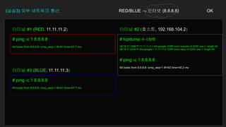 (실습3) 외부 네트워크 통신 RED/BLUE → 인터넷 (8.8.8.8) OK
# ping -c 1 8.8.8.8
64 bytes from 8.8.8.8: icmp_seq=1 ttl=61 time=47.7 ms
터미널 #1 (RED, 11.11.11.2)
# tcpdump -l -i br0
08:16:31.1998 IP 11.11.11.2 > dns.google: ICMP echo request, id 2200, seq 1, length 64
08:16:31.2406 IP dns.google > 11.11.11.2: ICMP echo reply, id 2200, seq 1, length 64
# ping -c 1 8.8.8.8
64 bytes from 8.8.8.8: icmp_seq=1 ttl=63 time=40.2 ms
터미널 #2 (호스트, 192.168.104.2)
# ping -c 1 8.8.8.8
64 bytes from 8.8.8.8: icmp_seq=1 ttl=61 time=47.7 ms
터미널 #3 (BLUE, 11.11.11.3)
 