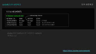 (실습4) 도커 네트워크 도커 네트워크
# docker network list
터미널 #2 (HOST)
https://docs.docker.com/network/
ethernet bridge (like br0)
(기본값)
호스트 네트워크 사용
모든 네트워크 비활성
docker에서 built-in으로 지원하는 network
목록입니다
 