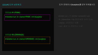 (실습4) 도커 네트워크
# docker run -it --name=ORANGE --rm busybox
터미널 #3 (ORANGE)
# docker run -it --name=PINK --rm busybox
터미널 #1 (PINK)
도커 컨테이너(busybox)를 2개 띄워봅시다
docker run ( == docker container run)
-it : interactive + tty (터미널로 바로 연결)
--name : 컨테이너 이름
--rm : 종료 시 컨테이너 삭제
 