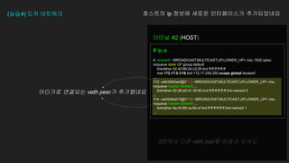 (실습4) 도커 네트워크
# ip a
4: docker0: <BROADCAST,MULTICAST,UP,LOWER_UP> mtu 1500 qdisc
noqueue state UP group default
link/ether 02:42:86:2d:c3:29 brd ff:ff:ff:ff:ff:ff
inet 172.17.0.1/16 brd 172.17.255.255 scope global docker0
...
112: veth28d0aef@if111: <BROADCAST,MULTICAST,UP,LOWER_UP> mtu
noqueue master docker0 ...
link/ether 82:26:a0:d1:35:90 brd ff:ff:ff:ff:ff:ff link-netnsid 0
...
114: veth636a01f@if113: <BROADCAST,MULTICAST,UP,LOWER_UP> mtu
noqueue master docker0 ...
link/ether 6a:42:66:ca:6b:ef brd ff:ff:ff:ff:ff:ff link-netnsid 1
…
터미널 #2 (HOST)
호스트의 ip 정보에 새로운 인터페이스가 추가되었네요
3편에서 다룬 veth pair를 떠올려 보세요
어딘가로 연결되는 veth peer가 추가됐네요
 