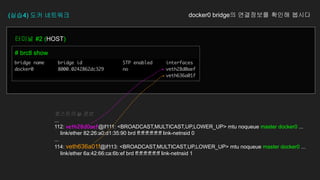 (실습4) 도커 네트워크
# brctl show
터미널 #2 (HOST)
docker0 bridge의 연결정보를 확인해 봅시다
호스트의 ip 정보
...
112: veth28d0aef@if111: <BROADCAST,MULTICAST,UP,LOWER_UP> mtu noqueue master docker0 ...
link/ether 82:26:a0:d1:35:90 brd ff:ff:ff:ff:ff:ff link-netnsid 0
...
114: veth636a01f@if113: <BROADCAST,MULTICAST,UP,LOWER_UP> mtu noqueue master docker0 ...
link/ether 6a:42:66:ca:6b:ef brd ff:ff:ff:ff:ff:ff link-netnsid 1
 