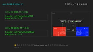 실습 준비를 해보겠습니다. 잘 동작하는지 확인해주세요
# nsenter --net=/var/run/netns/RED
# ping -c 3 11.11.11.2
터미널 #1 (RED, 11.11.11.2)
# nsenter --net=/var/run/netns/BLUE
# ping -c 3 11.11.11.2
터미널 #3 (BLUE, 11.11.11.3)
☀혹시 잘 동작안하시면 bridge_reset.sh 를 실행 후 다시 bridge.sh
해주세요
 