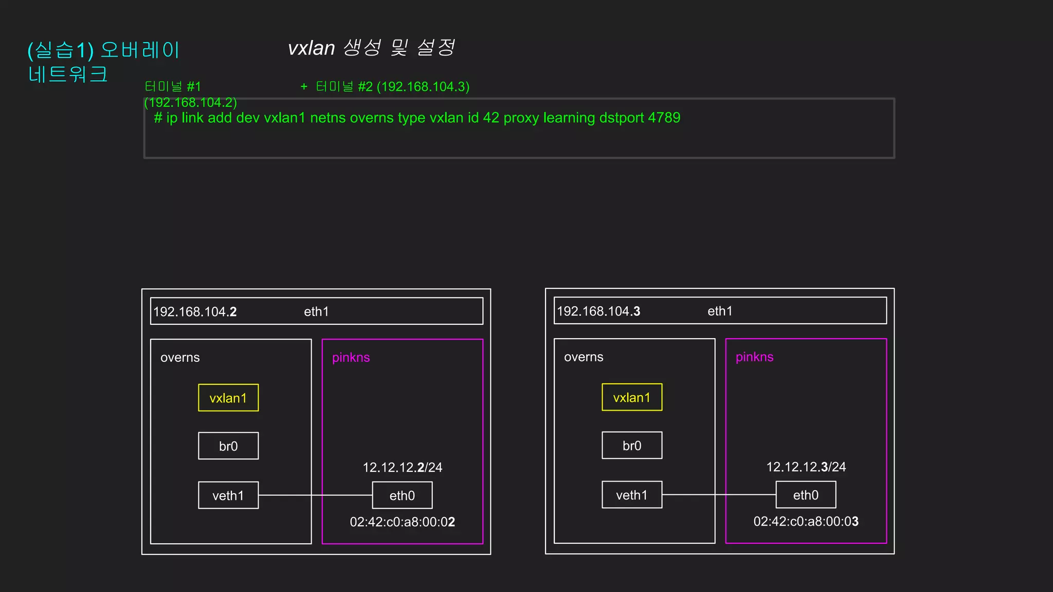 (실습1) 오버레이
네트워크
eth1
pinkns
overns pinkns
overns
eth1
192.168.104.2 192.168.104.3
# ip link add dev vxlan1 netns overns type vxlan id 42 proxy learning dstport 4789
eth0
veth1 eth0
veth1
12.12.12.2/24
02:42:c0:a8:00:02
12.12.12.3/24
02:42:c0:a8:00:03
터미널 #1
(192.168.104.2)
+ 터미널 #2 (192.168.104.3)
br0 br0
vxlan 생성 및 설정
vxlan1 vxlan1
 