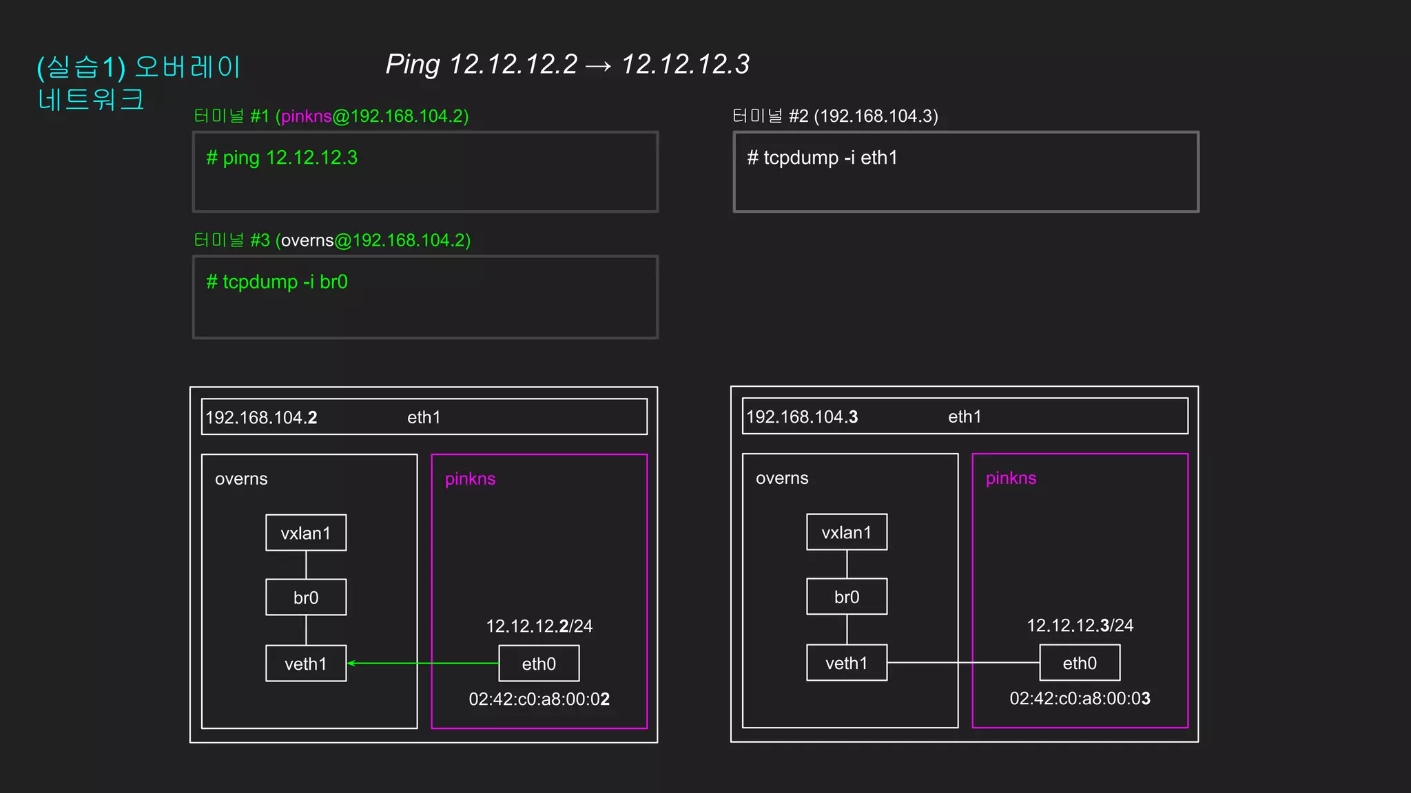 12.12.12.2/24
02:42:c0:a8:00:02
(실습1) 오버레이
네트워크
eth1
pinkns
overns pinkns
overns
eth1
192.168.104.2 192.168.104.3
# ping 12.12.12.3
eth0
veth1 eth0
veth1
12.12.12.3/24
02:42:c0:a8:00:03
터미널 #1 (pinkns@192.168.104.2) 터미널 #2 (192.168.104.3)
br0 br0
vxlan1 vxlan1
# tcpdump -i eth1
Ping 12.12.12.2 → 12.12.12.3
# tcpdump -i br0
터미널 #3 (overns@192.168.104.2)
 