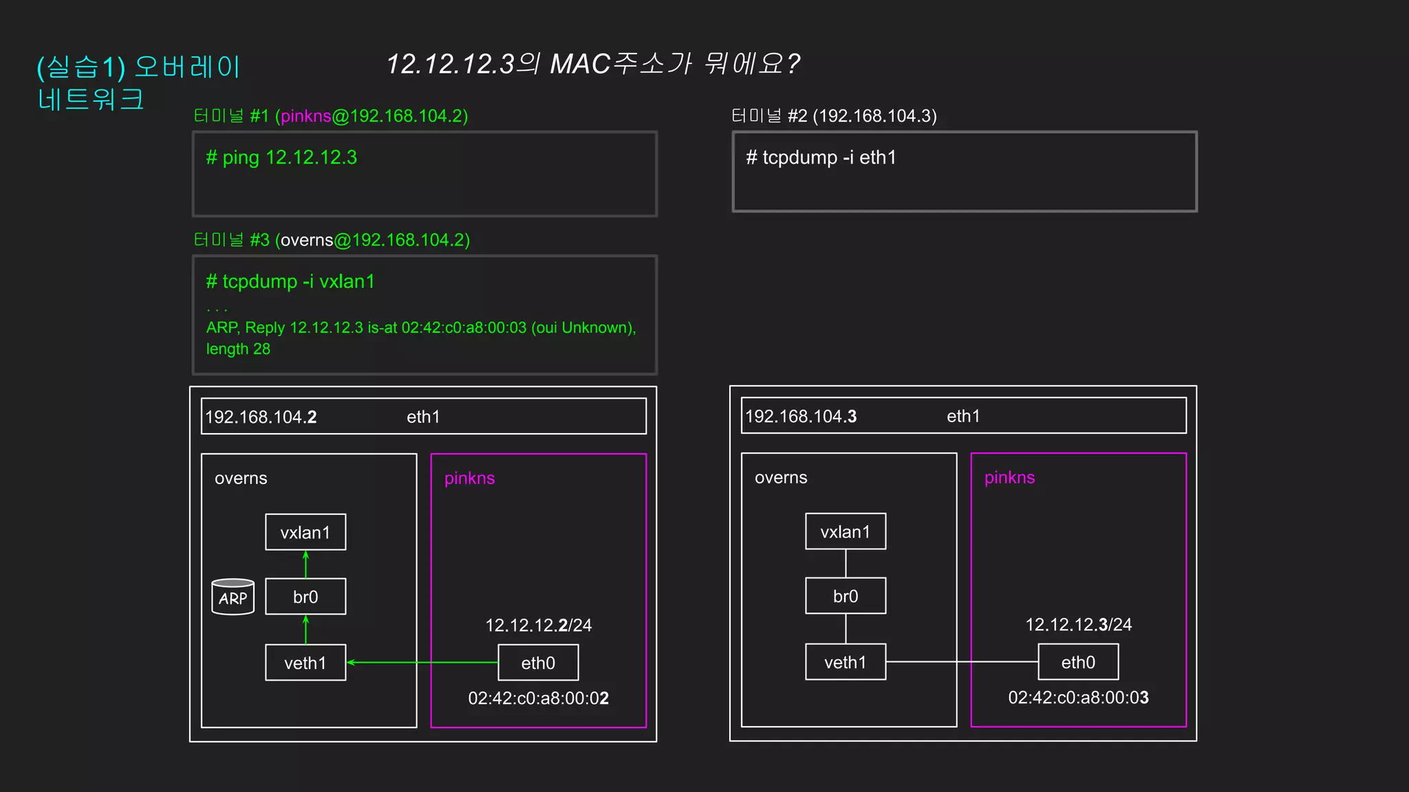 12.12.12.2/24
02:42:c0:a8:00:02
(실습1) 오버레이
네트워크
eth1
pinkns
overns pinkns
overns
eth1
192.168.104.2 192.168.104.3
# ping 12.12.12.3
eth0
veth1 eth0
veth1
12.12.12.3/24
02:42:c0:a8:00:03
터미널 #1 (pinkns@192.168.104.2) 터미널 #2 (192.168.104.3)
br0 br0
vxlan1 vxlan1
12.12.12.3의 MAC주소가 뭐에요?
# tcpdump -i vxlan1
. . .
ARP, Reply 12.12.12.3 is-at 02:42:c0:a8:00:03 (oui Unknown),
length 28
터미널 #3 (overns@192.168.104.2)
# tcpdump -i eth1
ARP
 