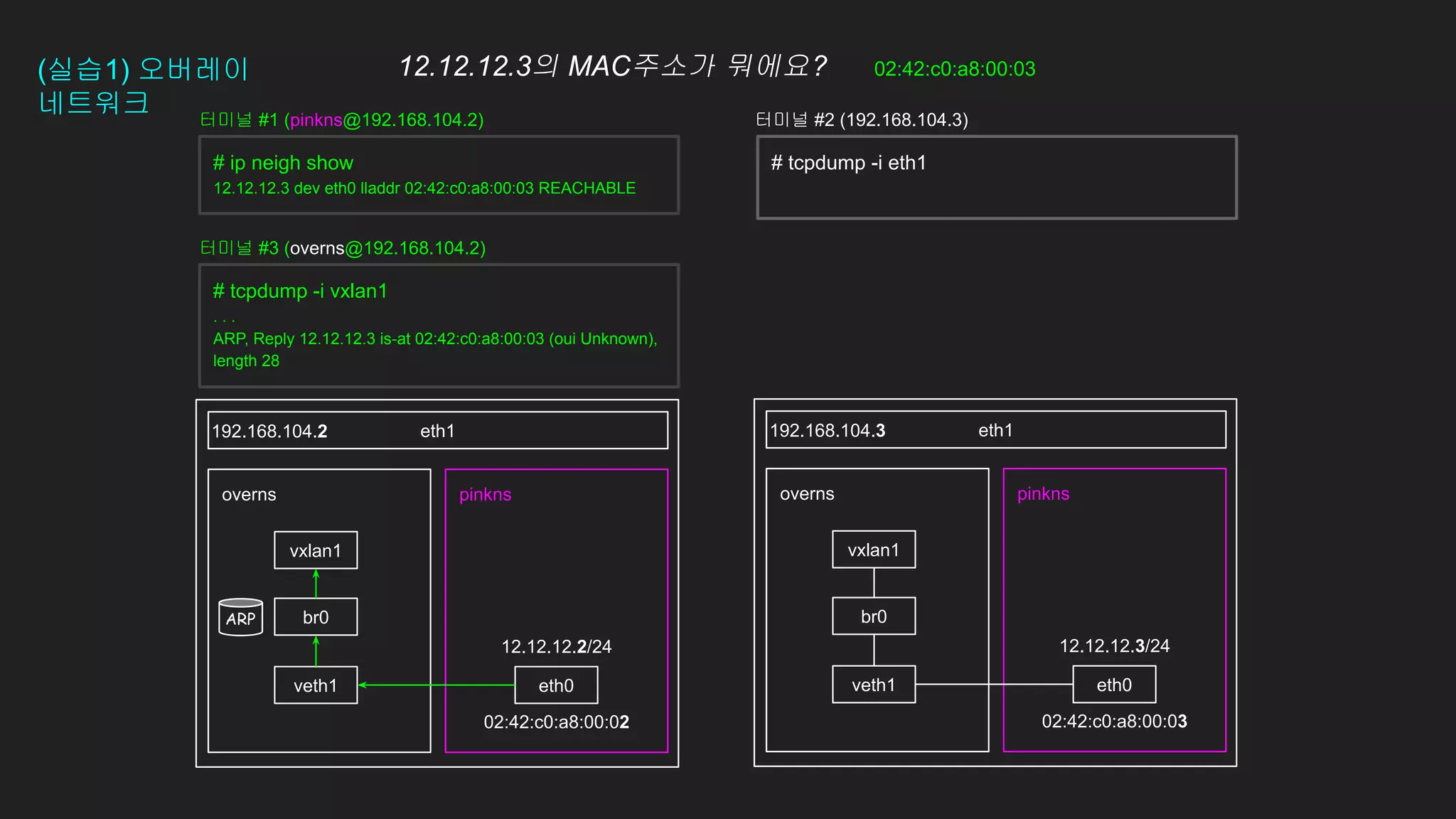 12.12.12.2/24
02:42:c0:a8:00:02
(실습1) 오버레이
네트워크
eth1
pinkns
overns pinkns
overns
eth1
192.168.104.2 192.168.104.3
# ip neigh show
12.12.12.3 dev eth0 lladdr 02:42:c0:a8:00:03 REACHABLE
eth0
veth1 eth0
veth1
12.12.12.3/24
02:42:c0:a8:00:03
터미널 #1 (pinkns@192.168.104.2) 터미널 #2 (192.168.104.3)
br0 br0
vxlan1 vxlan1
12.12.12.3의 MAC주소가 뭐에요? 02:42:c0:a8:00:03
# tcpdump -i vxlan1
. . .
ARP, Reply 12.12.12.3 is-at 02:42:c0:a8:00:03 (oui Unknown),
length 28
터미널 #3 (overns@192.168.104.2)
# tcpdump -i eth1
ARP
 
