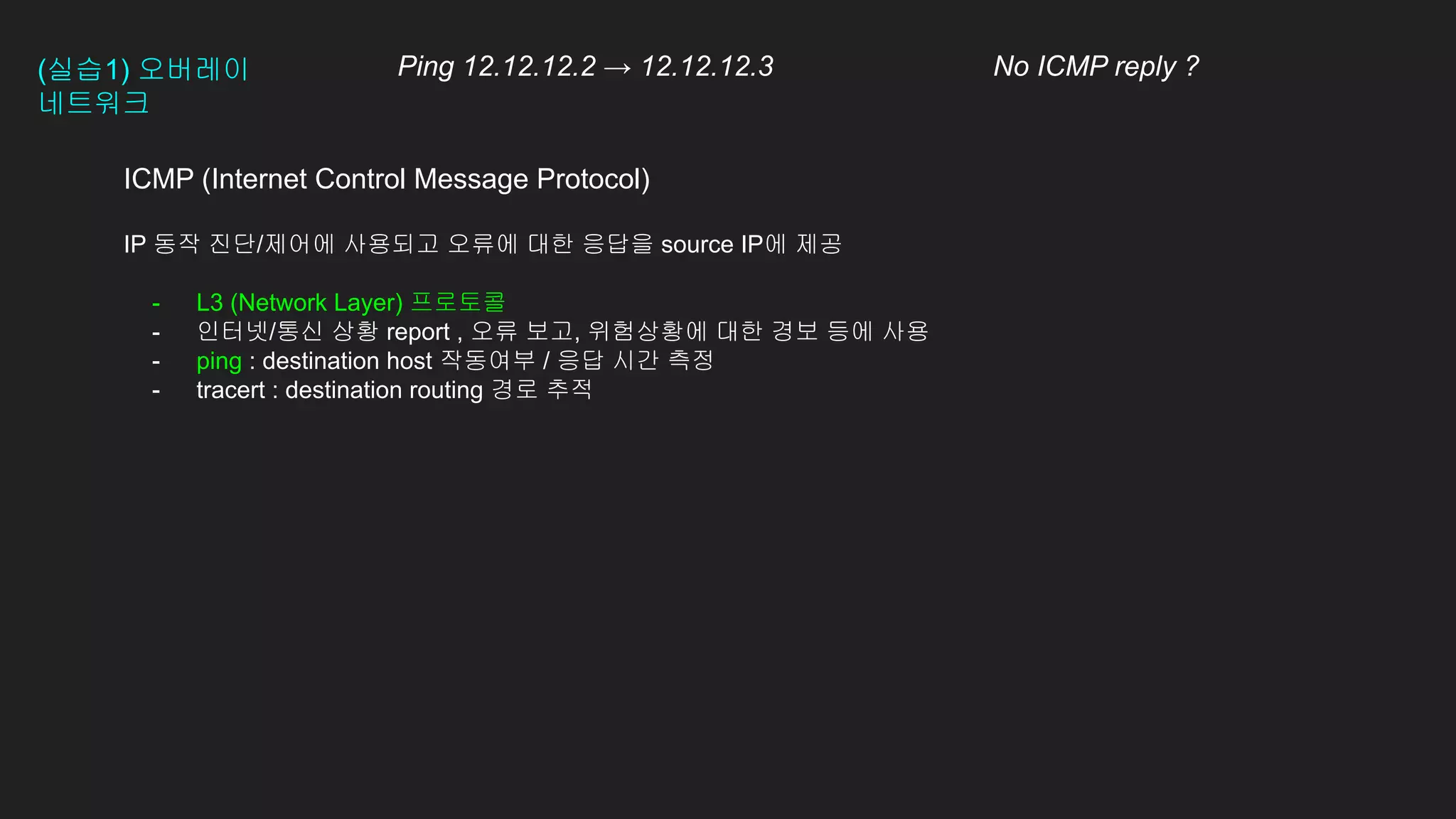 ICMP (Internet Control Message Protocol)
IP 동작 진단/제어에 사용되고 오류에 대한 응답을 source IP에 제공
- L3 (Network Layer) 프로토콜
- 인터넷/통신 상황 report , 오류 보고, 위험상황에 대한 경보 등에 사용
- ping : destination host 작동여부 / 응답 시간 측정
- tracert : destination routing 경로 추적
(실습1) 오버레이
네트워크
Ping 12.12.12.2 → 12.12.12.3 No ICMP reply ?
 