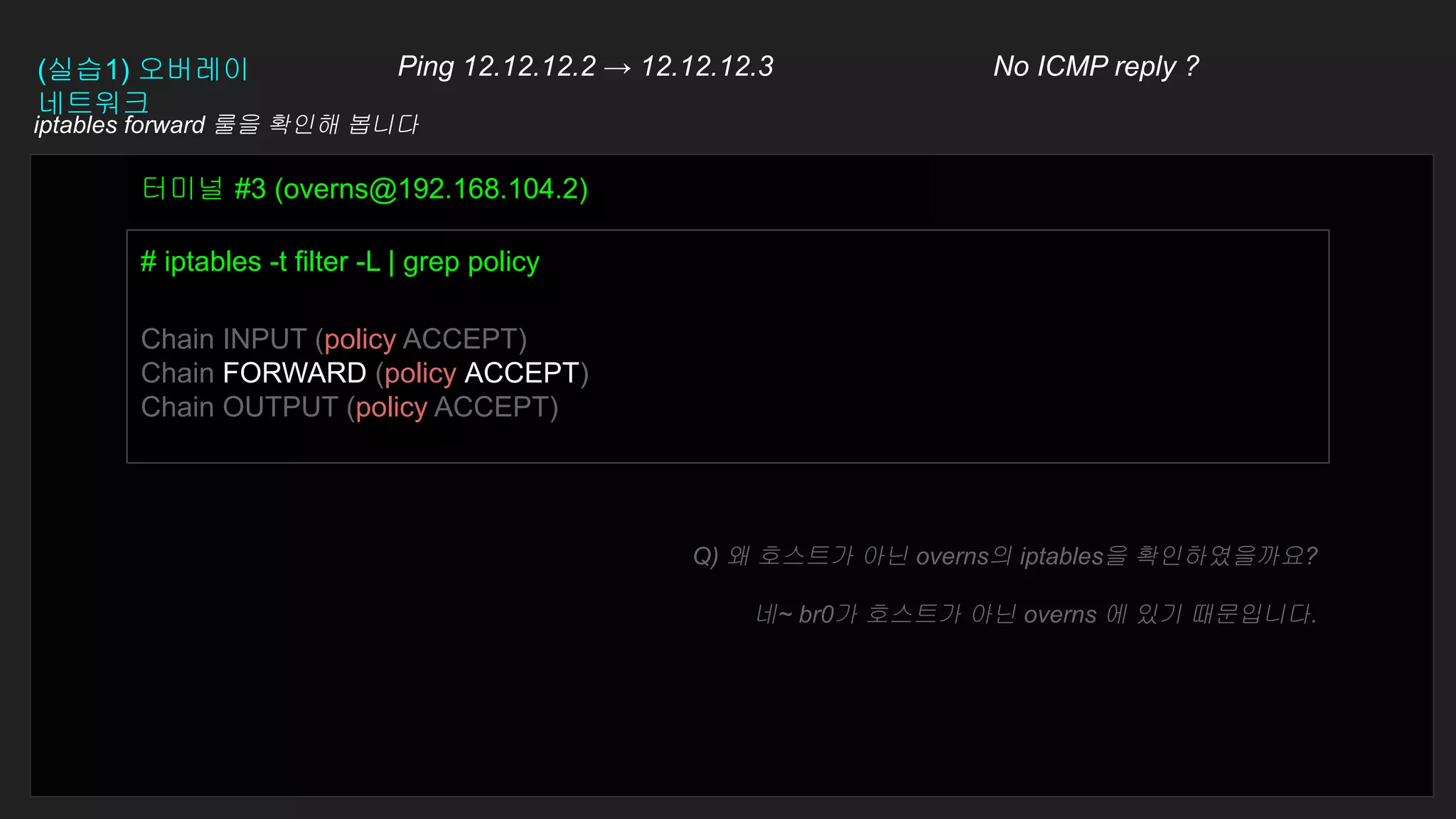 (실습1) 오버레이
네트워크
Ping 12.12.12.2 → 12.12.12.3 No ICMP reply ?
# iptables -t filter -L | grep policy
Chain INPUT (policy ACCEPT)
Chain FORWARD (policy ACCEPT)
Chain OUTPUT (policy ACCEPT)
터미널 #3 (overns@192.168.104.2)
iptables forward 룰을 확인해 봅니다
Q) 왜 호스트가 아닌 overns의 iptables을 확인하였을까요?
네~ br0가 호스트가 아닌 overns 에 있기 때문입니다.
 