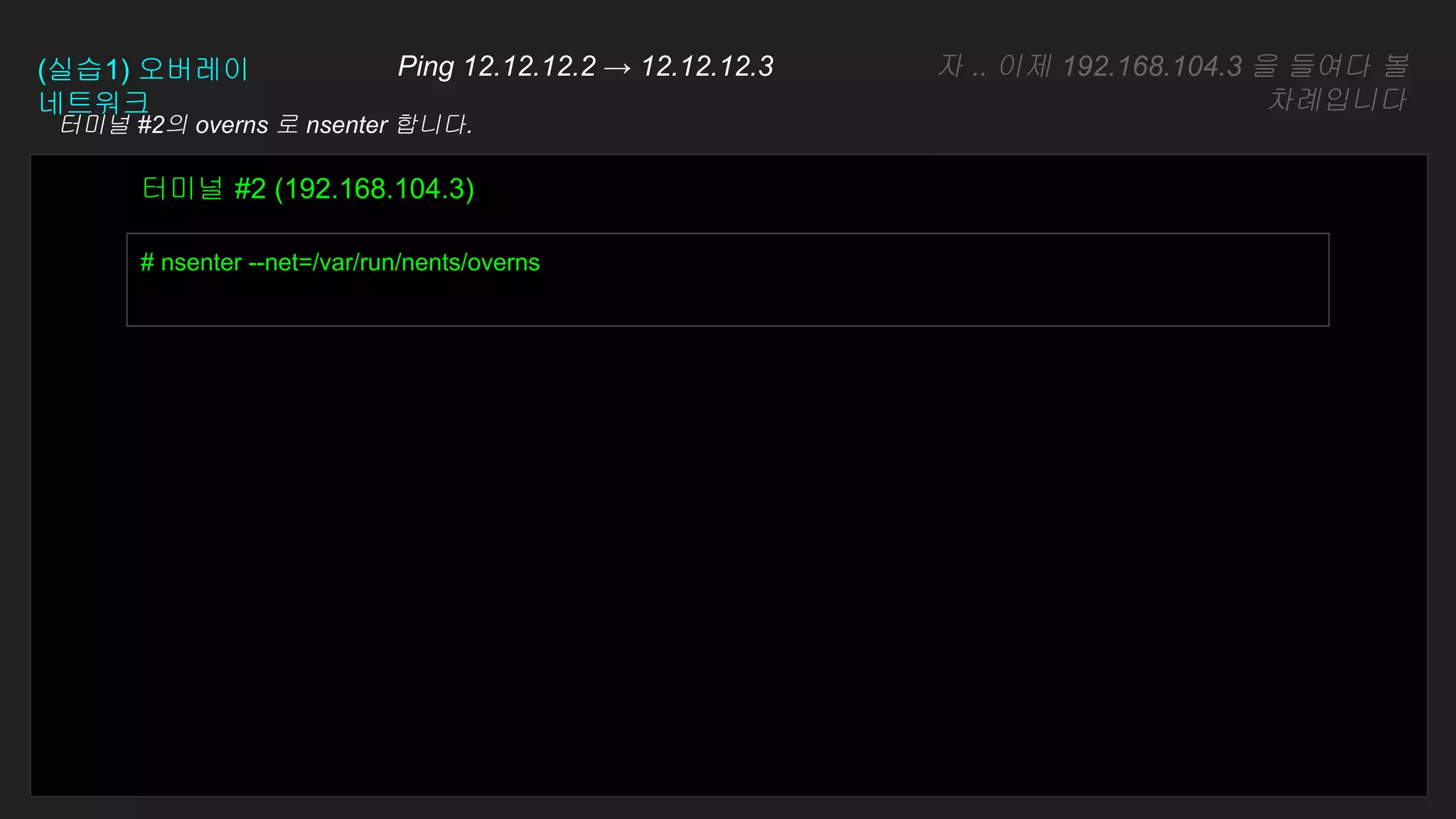 Ping 12.12.12.2 → 12.12.12.3 자 .. 이제 192.168.104.3 을 들여다 볼
차례입니다
# nsenter --net=/var/run/nents/overns
터미널 #2 (192.168.104.3)
터미널 #2의 overns 로 nsenter 합니다.
(실습1) 오버레이
네트워크
 