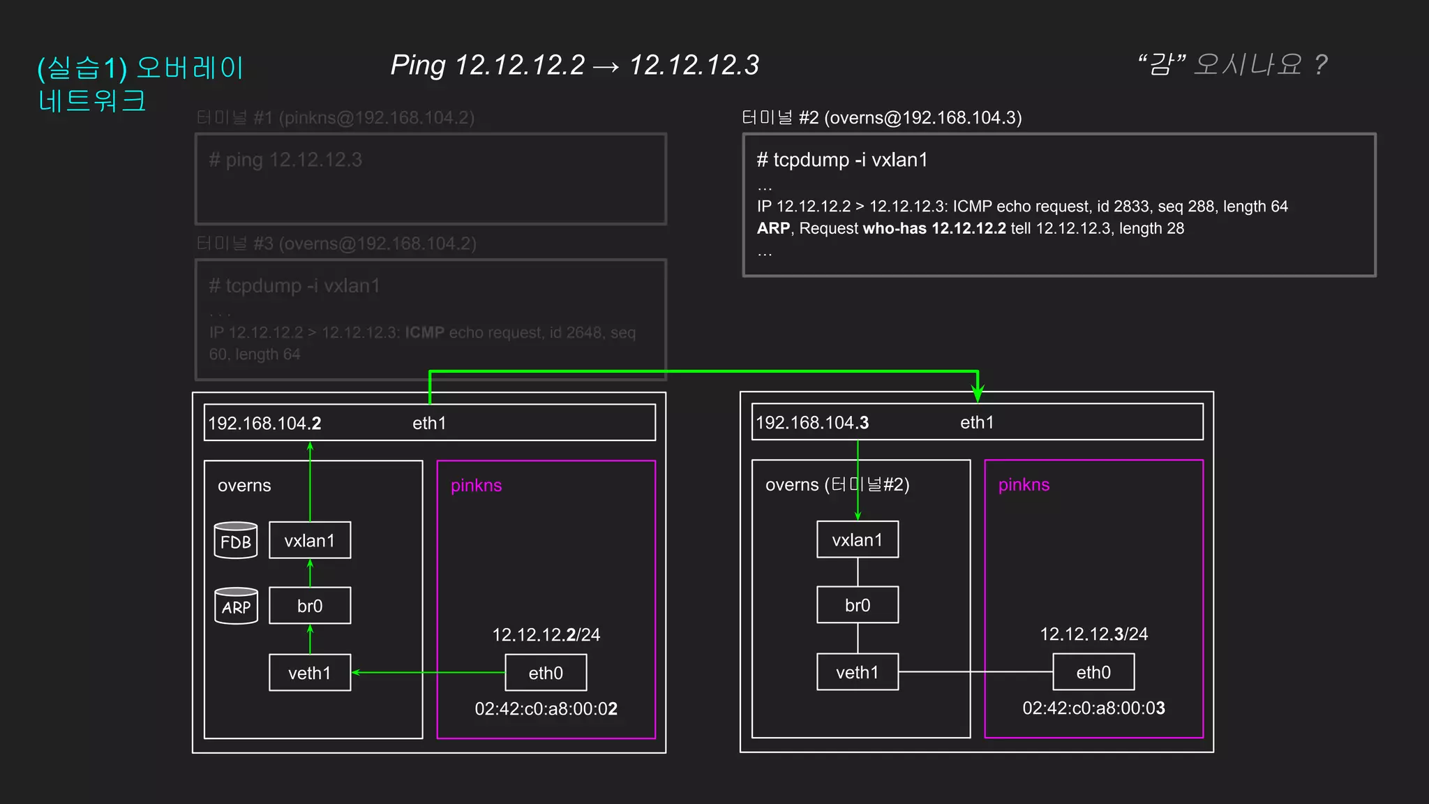 12.12.12.2/24
02:42:c0:a8:00:02
(실습1) 오버레이
네트워크
eth1
pinkns
overns pinkns
overns (터미널#2)
eth1
192.168.104.2 192.168.104.3
# ping 12.12.12.3
eth0
veth1 eth0
veth1
12.12.12.3/24
02:42:c0:a8:00:03
터미널 #1 (pinkns@192.168.104.2) 터미널 #2 (overns@192.168.104.3)
br0 br0
vxlan1 vxlan1
# tcpdump -i vxlan1
. . .
IP 12.12.12.2 > 12.12.12.3: ICMP echo request, id 2648, seq
60, length 64
터미널 #3 (overns@192.168.104.2)
Ping 12.12.12.2 → 12.12.12.3 “감” 오시나요 ?
# tcpdump -i vxlan1
…
IP 12.12.12.2 > 12.12.12.3: ICMP echo request, id 2833, seq 288, length 64
ARP, Request who-has 12.12.12.2 tell 12.12.12.3, length 28
…
FDB
ARP
 