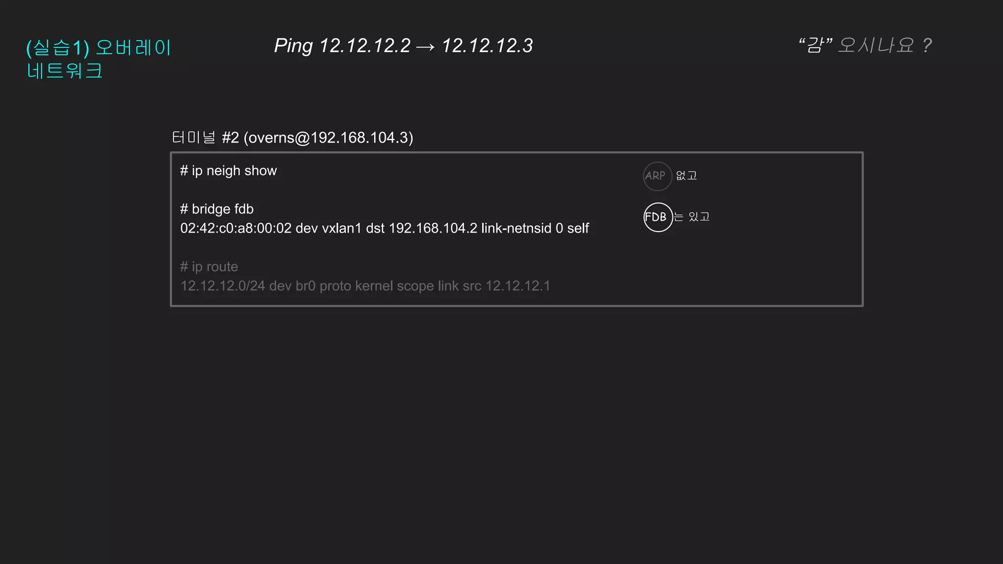 # ip neigh show
# bridge fdb
02:42:c0:a8:00:02 dev vxlan1 dst 192.168.104.2 link-netnsid 0 self
# ip route
12.12.12.0/24 dev br0 proto kernel scope link src 12.12.12.1
ARP 없고
터미널 #2 (overns@192.168.104.3)
(실습1) 오버레이
네트워크
Ping 12.12.12.2 → 12.12.12.3 “감” 오시나요 ?
FDB 는 있고
 
