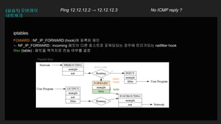 목적지가 로컬?
Y
N
Packet flow
chain
(hook)
} table
iptables
FOWARD : NF_IP_FORWARD (hook)에 등록된 체인
ㄴ NF_IP_FORWARD : incoming 패킷이 다른 호스트로 포워딩되는 경우에 트리거되는 netfilter hook
filter (table) : 패킷을 목적지로 전송 여부를 결정
(실습1) 오버레이
네트워크
Ping 12.12.12.2 → 12.12.12.3 No ICMP reply ?
 