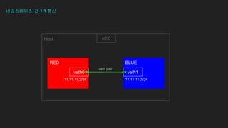 eth0
veth0
Host
veth pair
RED BLUE
veth1
11.11.11.2/24 11.11.11.3/24
네임스페이스 간 1:1 통신
 