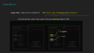 그런데 말입니다 ...
12.12.12.2/24
02:42:c0:a8:00:02
eth1
pinkns
overns pinkns
overns
eth1
192.168.104.2 192.168.104.3
eth0
veth1 eth0
FDB
veth1
ARP
12.12.12.3/24
02:42:c0:a8:00:03
br0 br0
vxlan1 vxlan1
ARP
직접입력
누가입력?
bridge FDB는 어떻게 입력이 되었을까요?
# ip link add dev vxlan1 type vxlan id 42 proxy learning dstport 4789
vxlan 디바이스 생성 시에 learning 옵션을 켜주었습니다
FDB
→ 커널이 요청 패킷을 검사하여 bridge fdb에 기록해 줍니다.
(지난 시간에 배운 bridge의 기능 중 포트별 MAC 주소를 기억하는 learning 이 있었죠 )
 