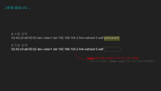 그런데 말입니다 ...
# 수동 입력
02:42:c0:a8:00:03 dev vxlan1 dst 192.168.104.3 link-netnsid 0 self permanent
# 자동 입력
02:42:c0:a8:00:02 dev vxlan1 dst 192.168.104.2 link-netnsid 0 self
Aging 에 의해서 일정시간이 지나면 삭제됨
→ 지난 시간에 배운 … bridge는 aging 기능이 있고 TTL은 보통 300초
 
