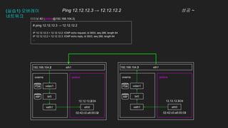 12.12.12.2/24
02:42:c0:a8:00:02
(실습1) 오버레이
네트워크
eth1
pinkns
overns pinkns
overns
eth1
192.168.104.2 192.168.104.3
eth0
veth1 eth0
veth1
12.12.12.3/24
02:42:c0:a8:00:03
터미널 #2 (pinkns@192.168.104.3)
br0 br0
vxlan1 vxlan1
Ping 12.12.12.3 → 12.12.12.2 성공 ~
# ping 12.12.12.3 → 12.12.12.2
…
IP 12.12.12.3 > 12.12.12.2: ICMP echo request, id 3933, seq 288, length 64
IP 12.12.12.2 > 12.12.12.3: ICMP echo reply, id 3933, seq 288, length 64
…
FDB
ARP
FDB
ARP
 