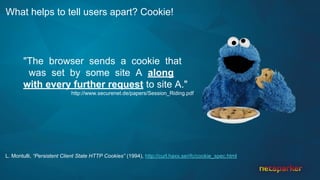 What helps to tell users apart? Cookie!
L. Montulli, “Persistent Client State HTTP Cookies” (1994), http://curl.haxx.se/rfc/cookie_spec.html
"The browser sends a cookie that
was set by some site A along
with every further request to site A."
http://www.securenet.de/papers/Session_Riding.pdf
 