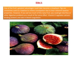 Slide 3:
One of the fruit's greatest advantages could later become a drawback. Figs are
sometimes used as a laxative to relieve constipation due to their inherent laxative
properties. However, if you eat too much of this tasty fruit, you could get diarrhea or
other digestive problems as a result of the same effect. Vitamin K regulates calcium-
binding proteins and aids in blood coagulation.
 