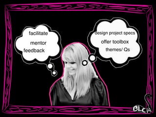 design project specs
offer toolbox
themes/ Qs
facilitate
mentor
feedback
 