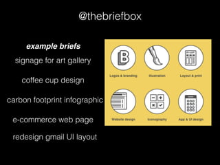 @thebriefbox
signage for art gallery
coffee cup design
carbon footprint infographic
e-commerce web page
redesign gmail UI layout
example briefs
 