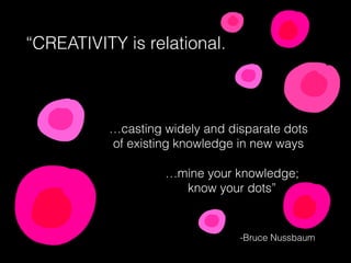 “CREATIVITY is relational.
…casting widely and disparate dots
of existing knowledge in new ways
…mine your knowledge;
know your dots”
-Bruce Nussbaum
 