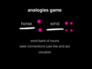 analogies game
word bank of nouns
seek connections (use like and as)
visualize
horse wind
 