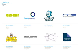 _Various
logos




    Client - Cinch Pop Up Tents   Client - Airside Connect    Client - Monkey Me Records          Client - HHC Motorsport
    › Brand identity creation     › Brand identity creation   › Brand identity creation           › Brand identity creation
      and development               and development           › Promotional flyers and posters      and development
    › Illustration                › Brochure                                                      › Website
    › Website




                                                                                                    Joseph A. Jones
                                                                                                    & Co. Solicitors




    Client - Cheeky Monkeys       Client - Archive Clothing   Client - Clare Laughton Interiors   Client - Joseph A. Jones & Co.
    › Brand identity creation     › Brand identity creation   › Brand identity creation           › Brand identity creation
      and development               and development           › Corporate literature                and development
                                  › Swing tags                                                    › Corporate literature
 